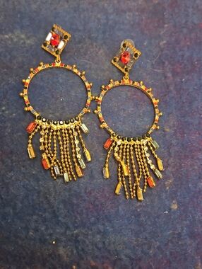 Vintage Metal Gold Hoop Fringe Drop Earrings with Red and Multicolor Stones